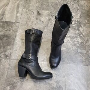 Born Adelaide Black Leather Mid-Calf Buckle Boho Western Heeled Boots Size 7.5